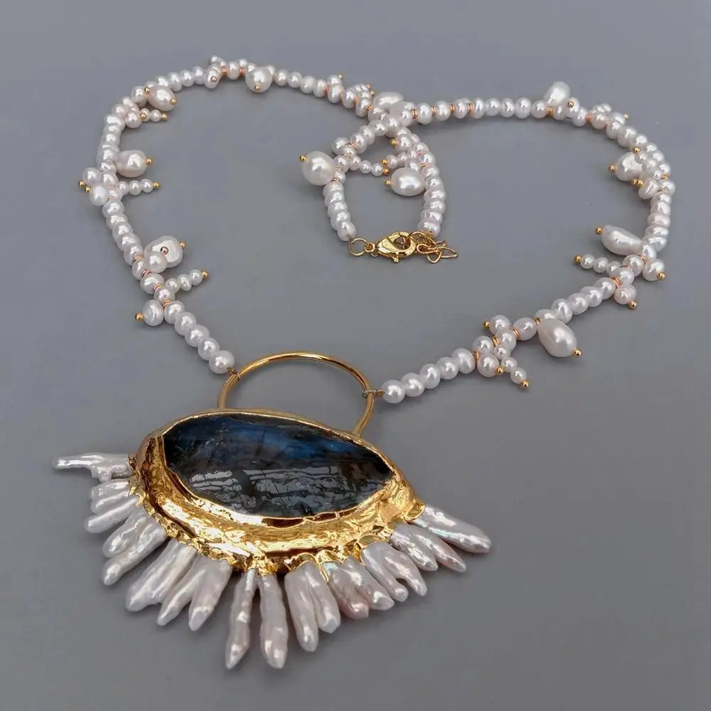 Multi Shape pearl Necklace Blue Labradorite Keshi Pearl Pendant