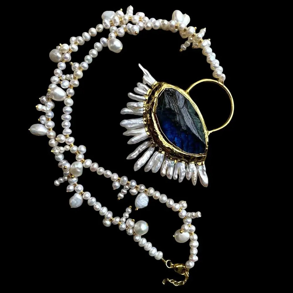 Multi Shape pearl Necklace Blue Labradorite Keshi Pearl Pendant