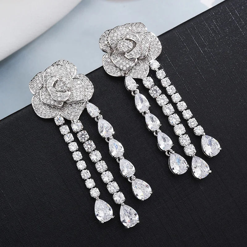 Elegant Long Tassels Drop Camellia Flower Earring
