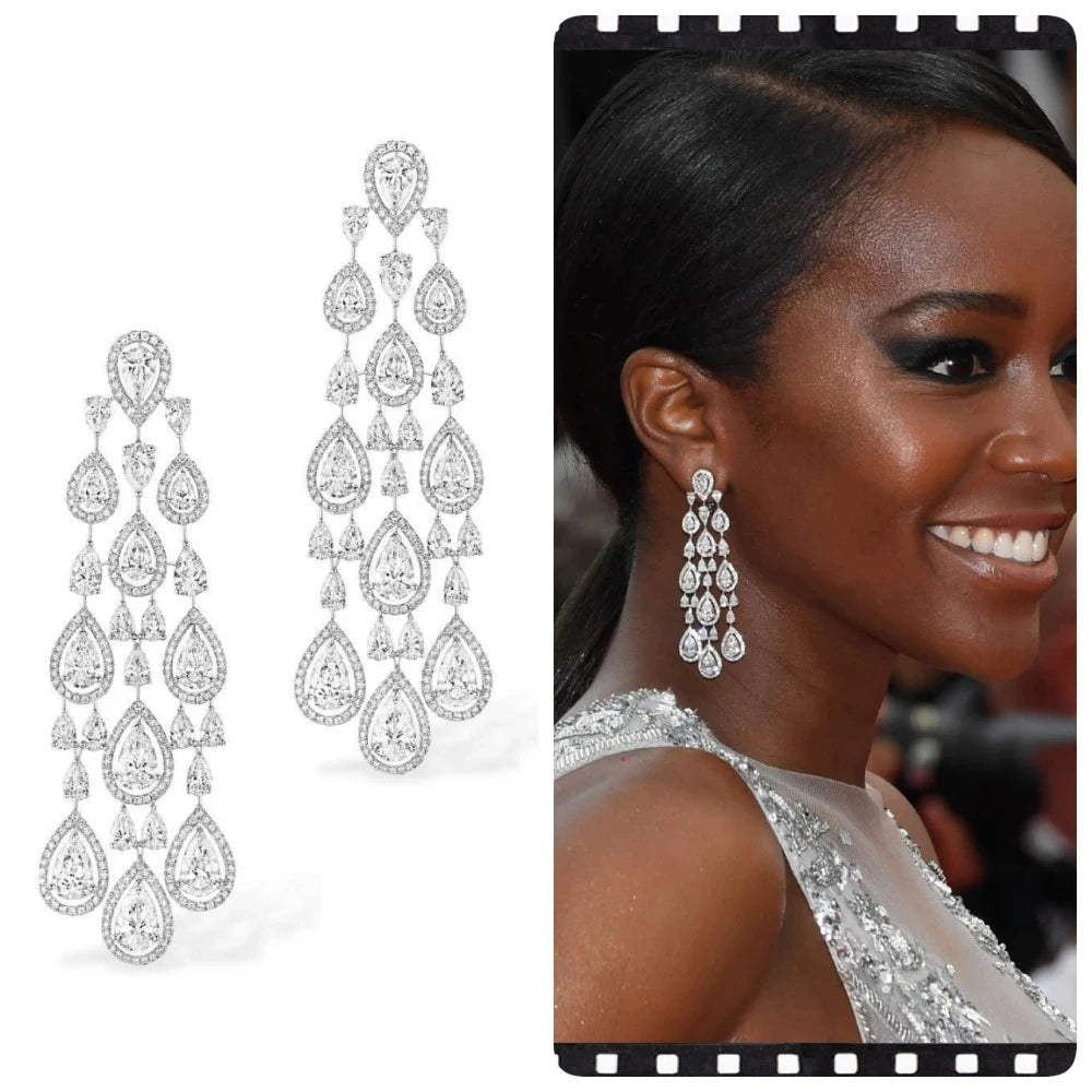 Elegant Shiny White Cubic Zirconia Long Hanging Water Drop Dangle Earrings