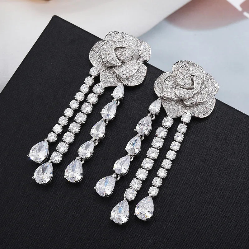 Elegant Long Tassels Drop Camellia Flower Earring