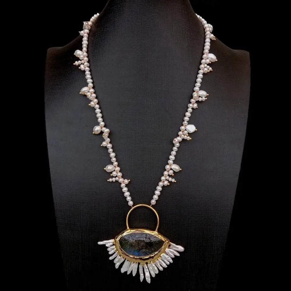 Multi Shape pearl Necklace Blue Labradorite Keshi Pearl Pendant