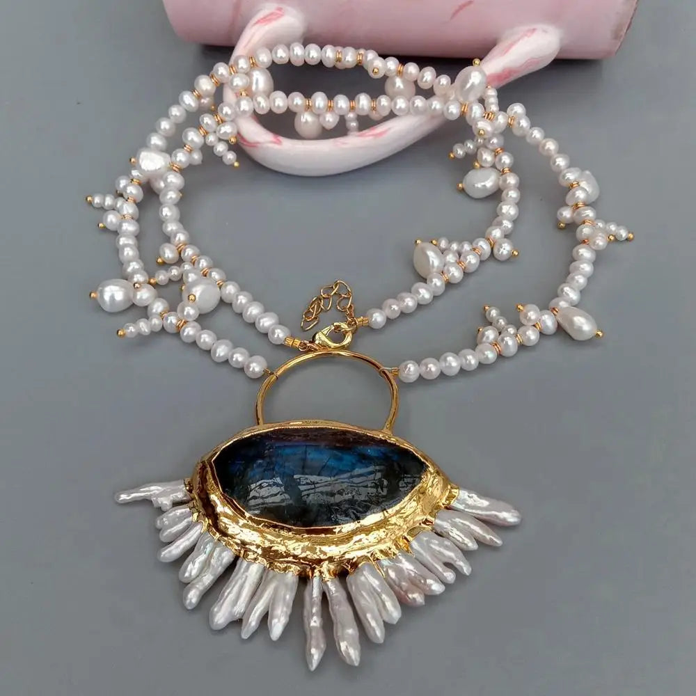 Multi Shape pearl Necklace Blue Labradorite Keshi Pearl Pendant