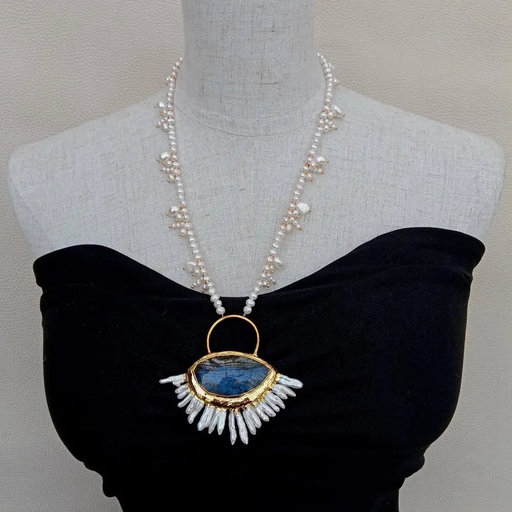 Multi Shape pearl Necklace Blue Labradorite Keshi Pearl Pendant