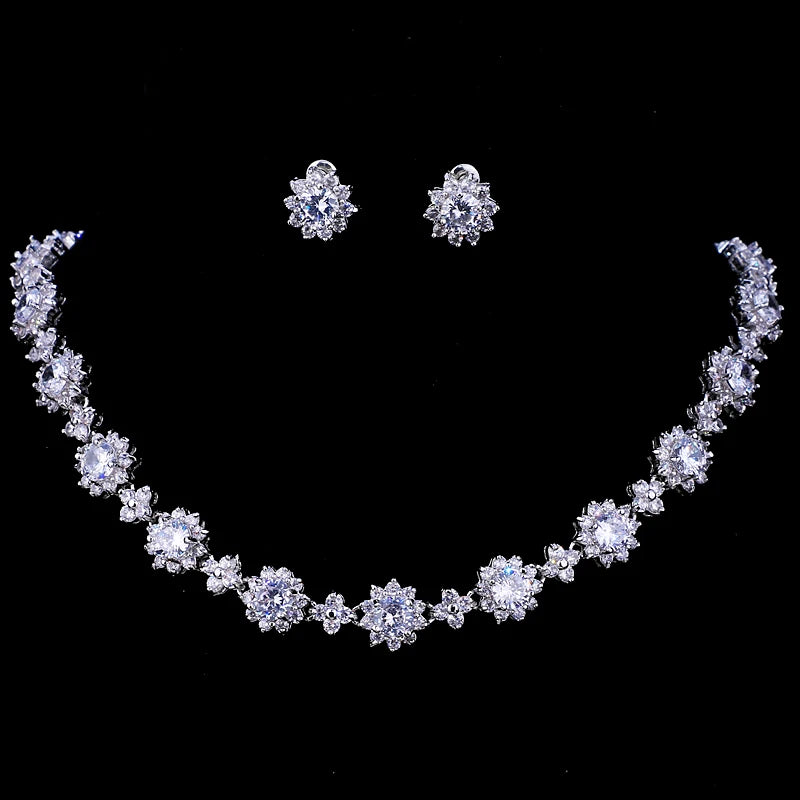 Cubic Zircon Crystal Bridal Jewelry Necklace Earrings Sets