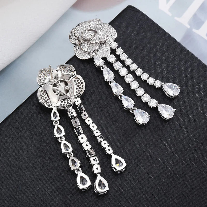 Elegant Long Tassels Drop Camellia Flower Earring