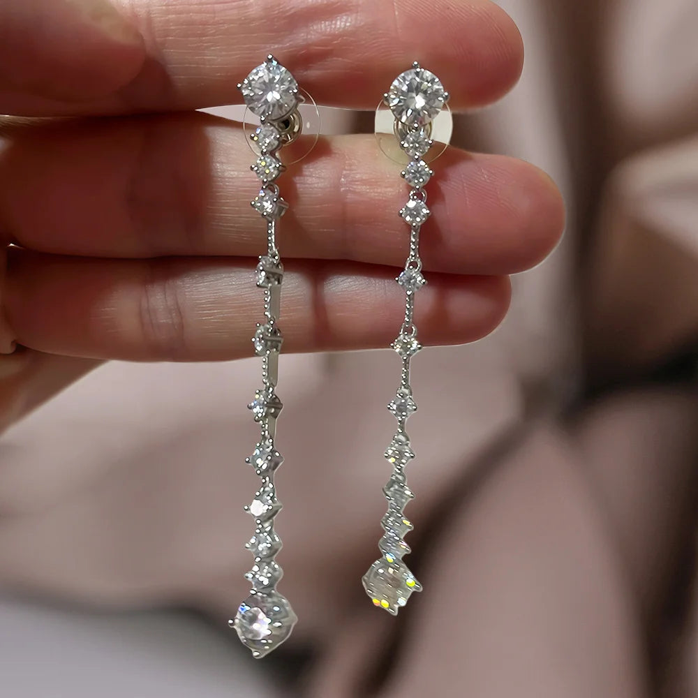 Full Moissanite Sterling Silver Lab Diamond Long Dangle Earring