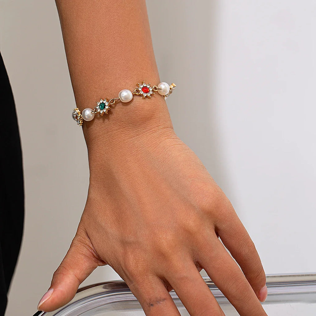 Pearl Rhinestone Flower Chain Bracelets