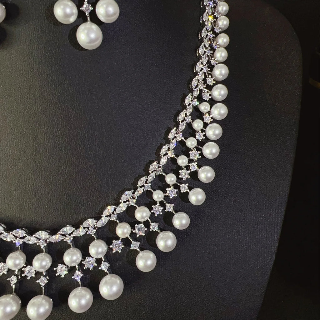 Gorgeous Tassel Pearl Necklace Earrings