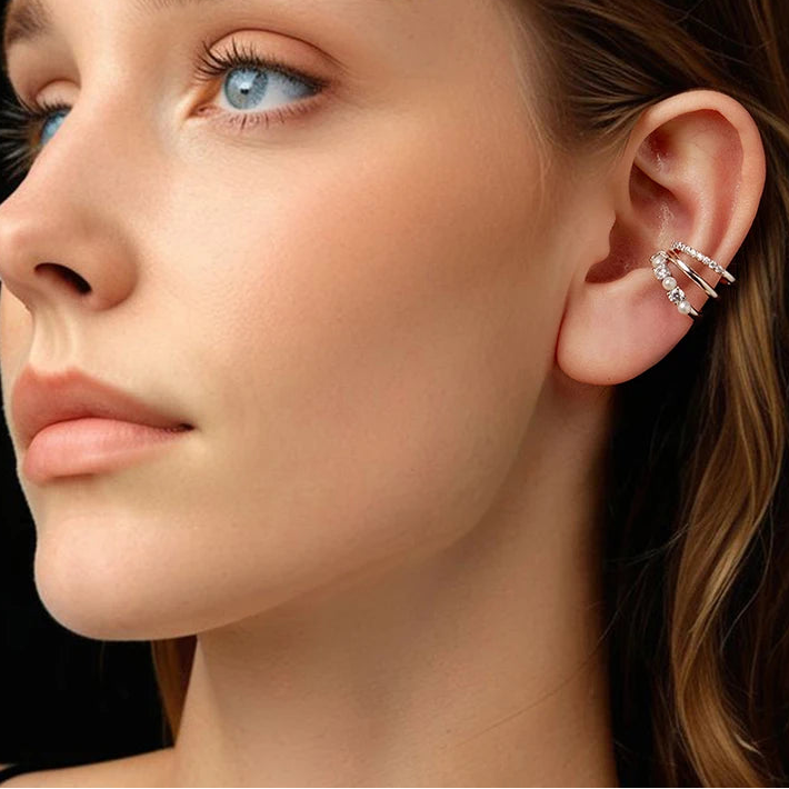 Mono 3-layered Moissanite Ear Cuff Pearl Ear Clip