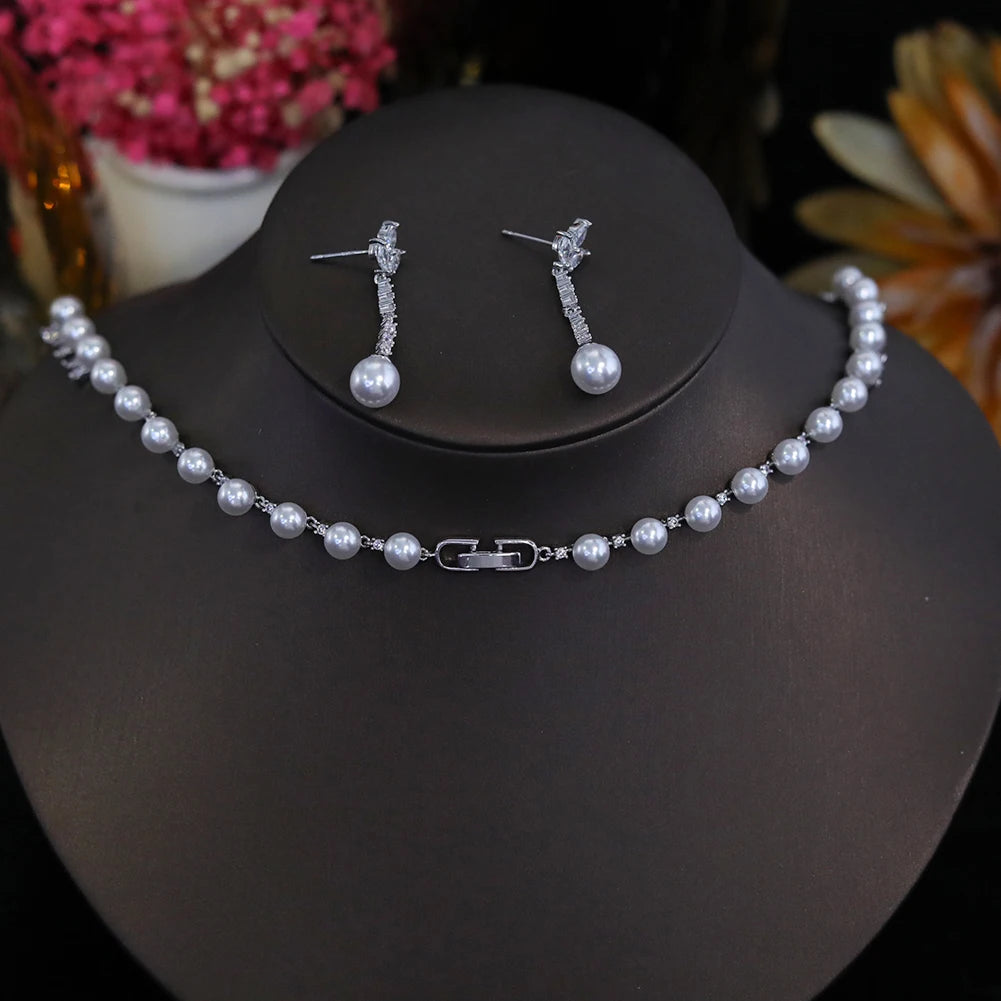 Pearl Necklace Flower Shape 2 Pieces Clear Cubic Zircon Sets