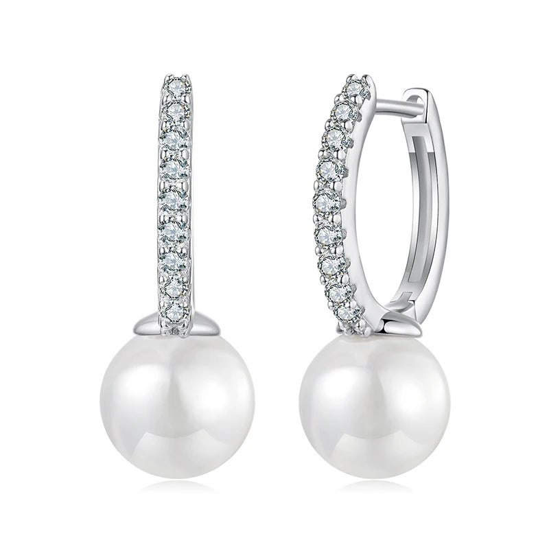 Silver Moissanite Hoop Earrings with Pearl