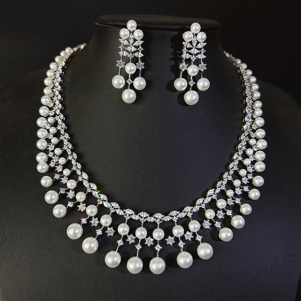 Gorgeous Tassel Pearl Necklace Earrings