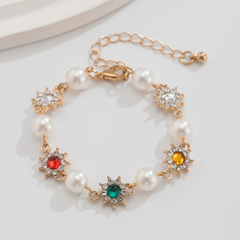 Pearl Rhinestone Flower Chain Bracelets