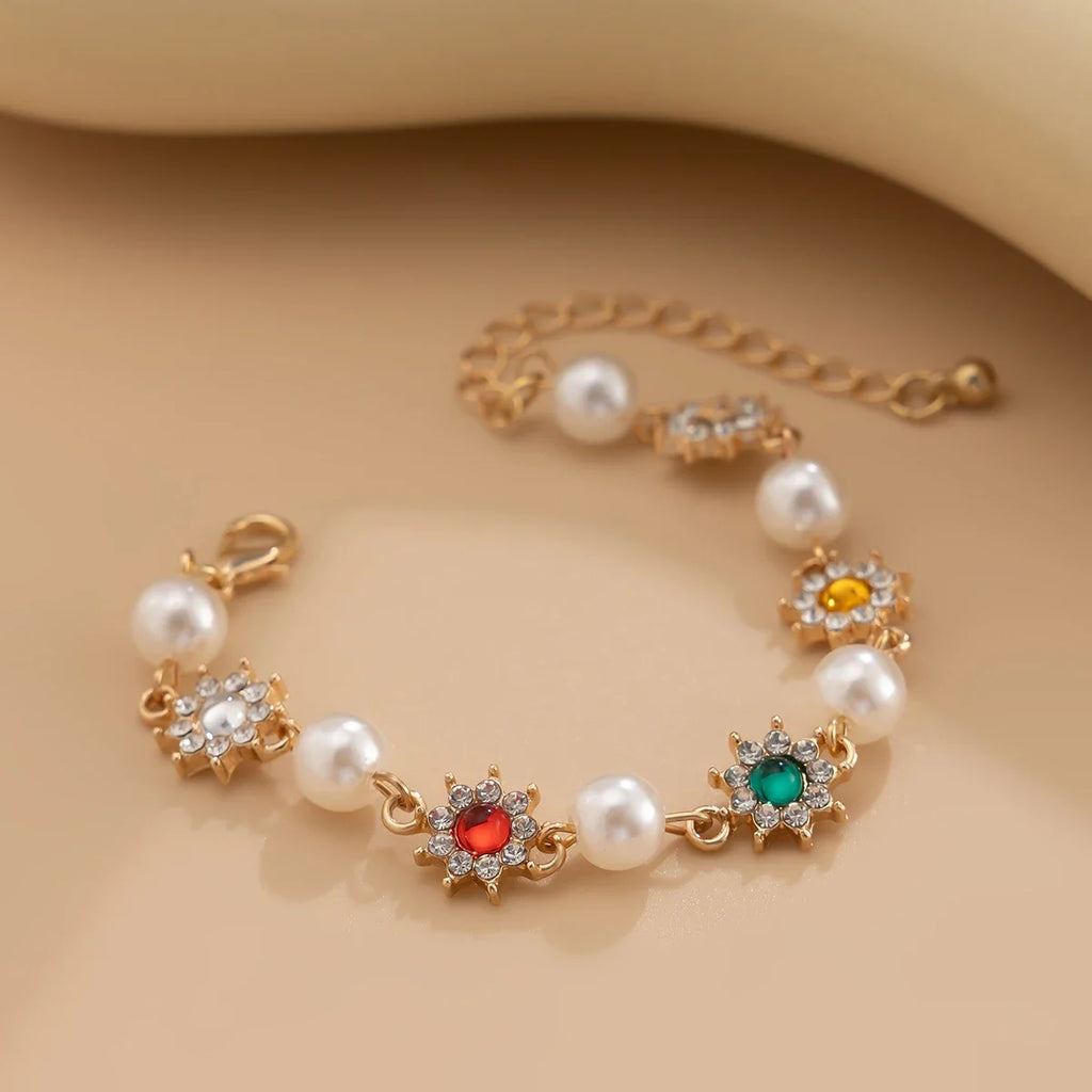 Pearl Rhinestone Flower Chain Bracelets