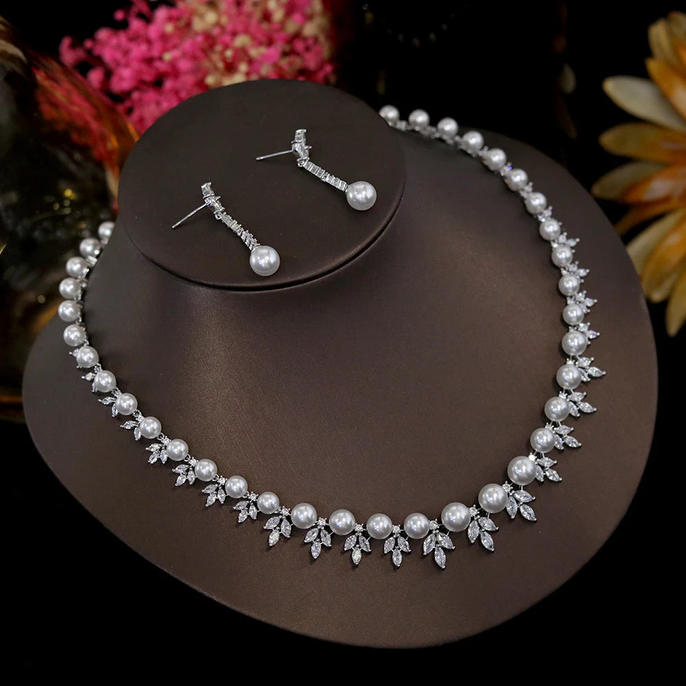 Pearl Necklace Flower Shape 2 Pieces Clear Cubic Zircon Sets