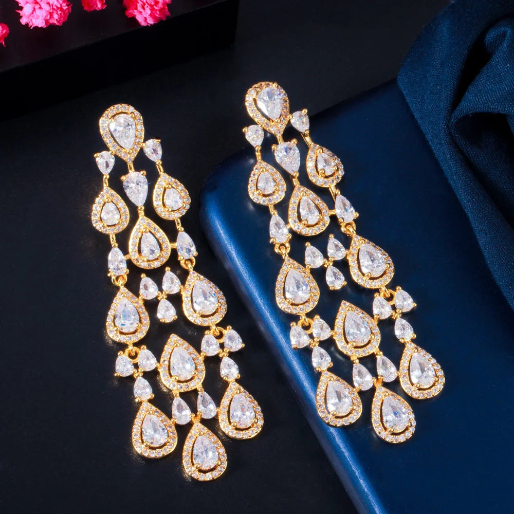 Elegant Shiny White Cubic Zirconia Long Hanging Water Drop Dangle Earrings