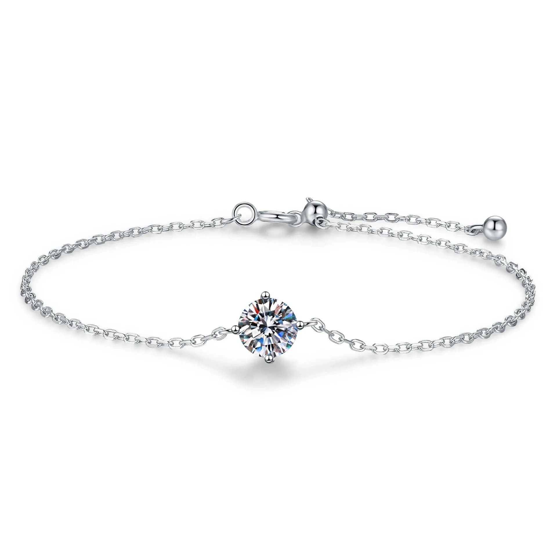 Silver Round Lab Diamond Charm Hand Chain Adjustable Bracelet