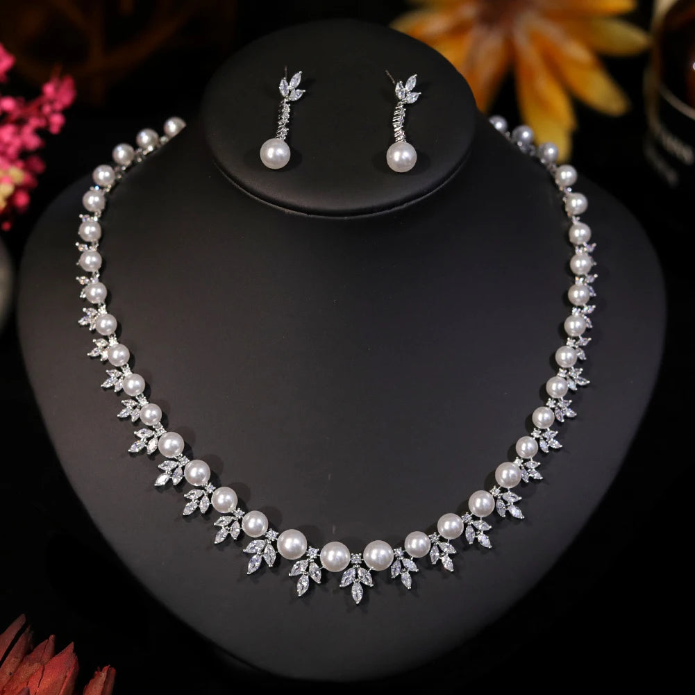 Pearl Necklace Flower Shape 2 Pieces Clear Cubic Zircon Sets