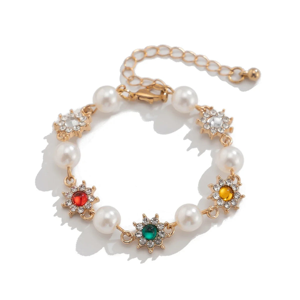 Pearl Rhinestone Flower Chain Bracelets