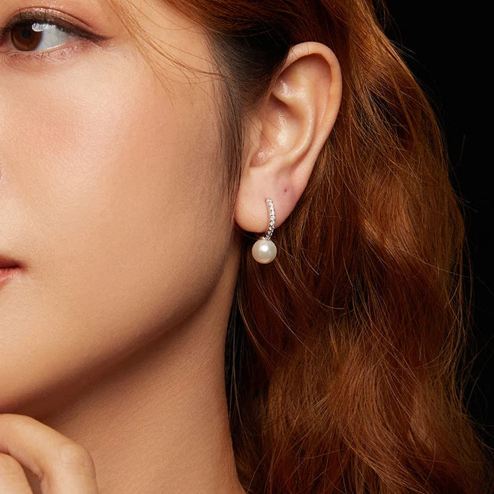 Silver Moissanite Hoop Earrings with Pearl