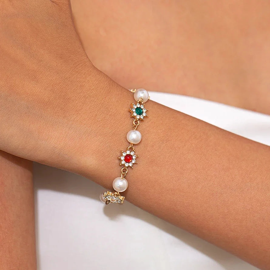 Pearl Rhinestone Flower Chain Bracelets