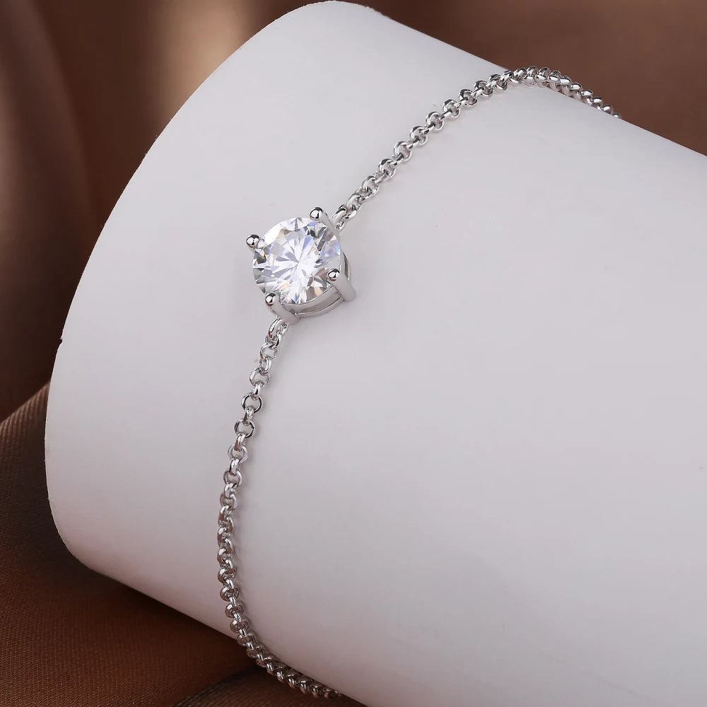 Silver Round Lab Diamond Charm Hand Chain Adjustable Bracelet