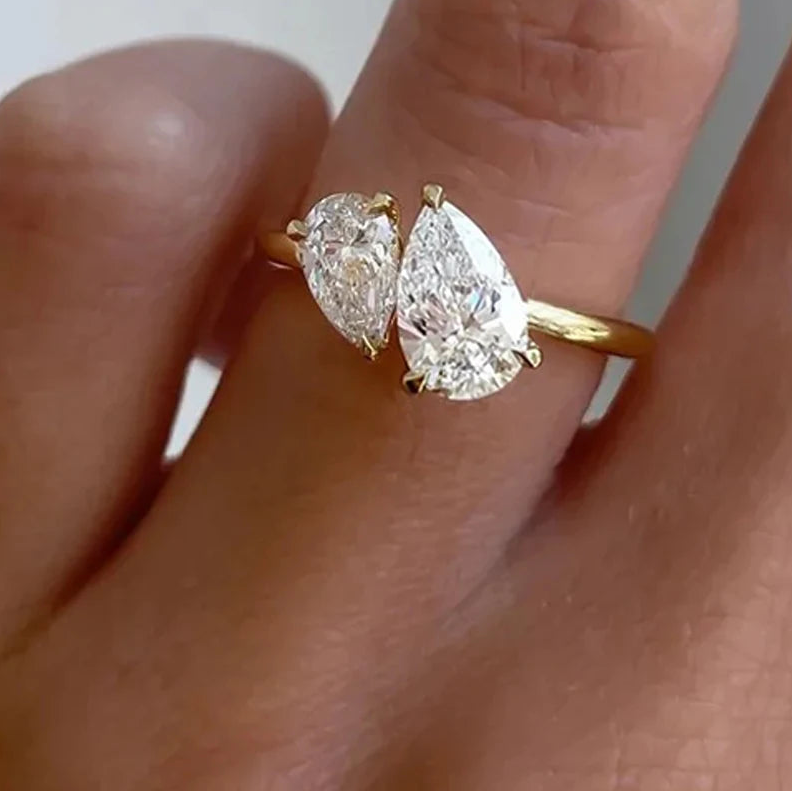 Double Pear Cut Moissanite Diamond Ring