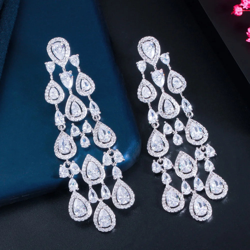 Elegant Shiny White Cubic Zirconia Long Hanging Water Drop Dangle Earrings